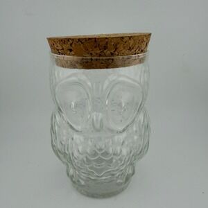 Clear Textured Glass Owl Jar‎ with Cork Stopper Lid Farmhouse Kitchen Storage